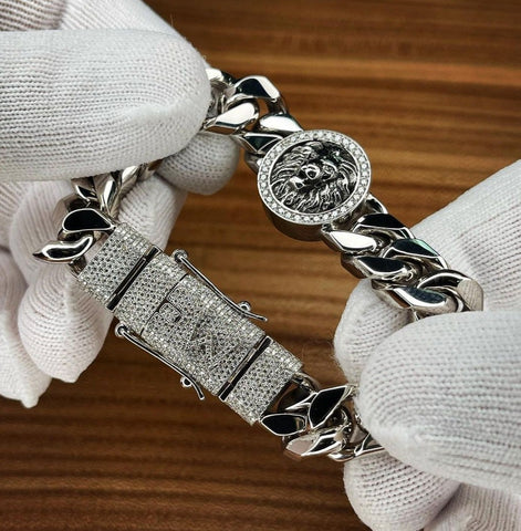 Unique 13mm Solid Cuban High Polished Lion Bracelet with Iced custom Letter Lock for Men | 925 Sterling Silver Bracelet | Men's Jewelry | With Certificate of Authenticity and 925 Hallmark