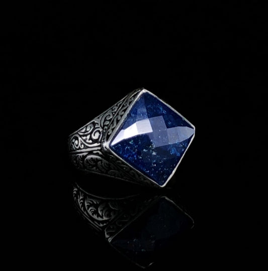 RARE PRINCE by CARAT SUTRA | Unique Turkish Style Ring with Faceted Natural Blue Lapis Lazuli | 925 Sterling Silver Oxidized Ring | Men's Jewelry | With Certificate of Authenticity and 925 Hallmark - caratsutra