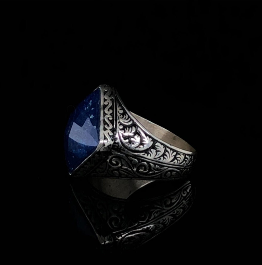 RARE PRINCE by CARAT SUTRA | Unique Turkish Style Ring with Faceted Natural Blue Lapis Lazuli | 925 Sterling Silver Oxidized Ring | Men's Jewelry | With Certificate of Authenticity and 925 Hallmark - caratsutra