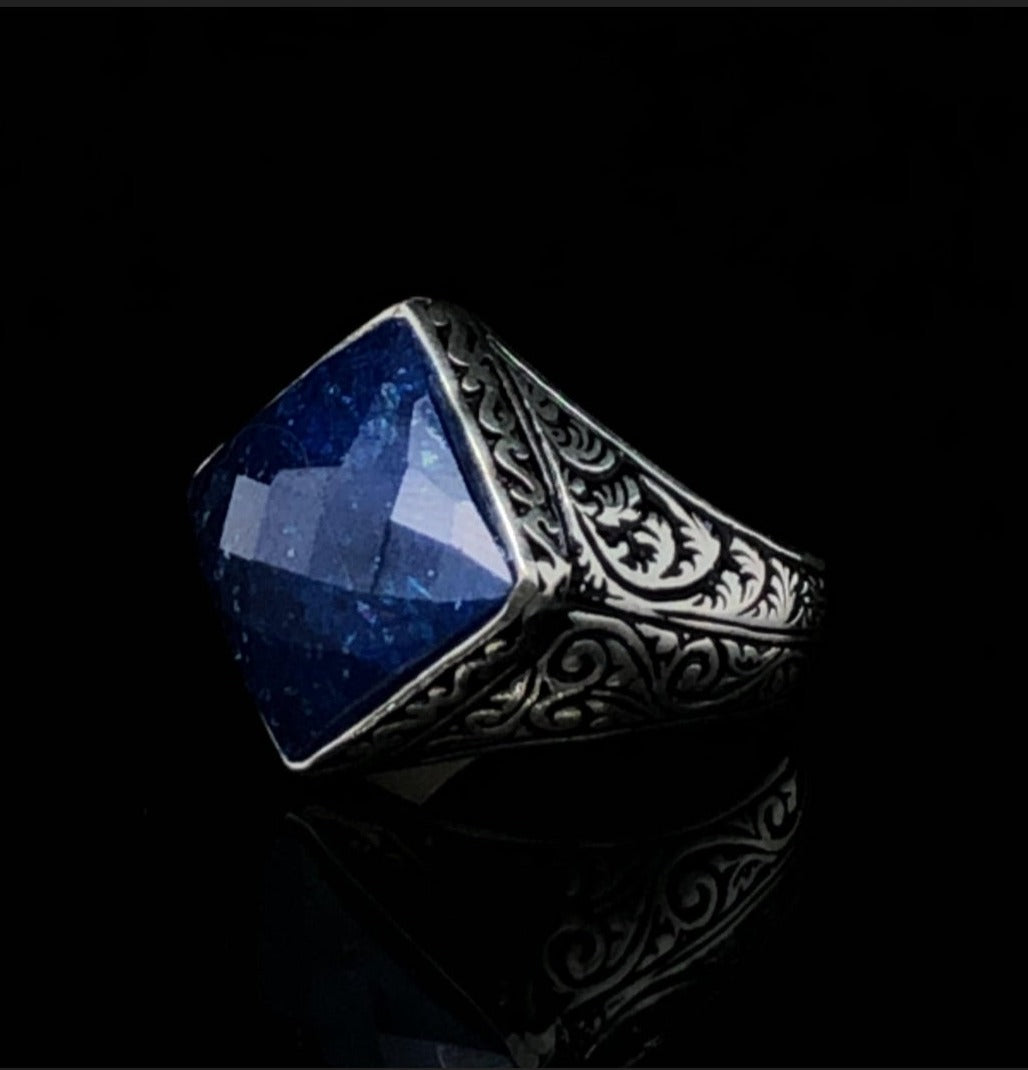 RARE PRINCE by CARAT SUTRA | Unique Turkish Style Ring with Faceted Natural Blue Lapis Lazuli | 925 Sterling Silver Oxidized Ring | Men's Jewelry | With Certificate of Authenticity and 925 Hallmark - caratsutra