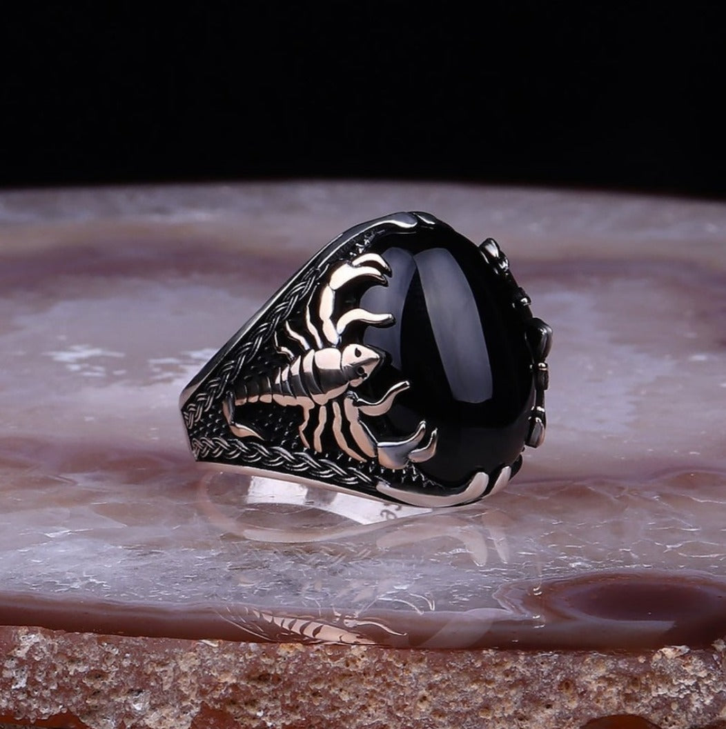 Signet Scorpion Ring 925 sterling silver with Black Onyx Gemstone (Yellow cheapest parts are bronze)