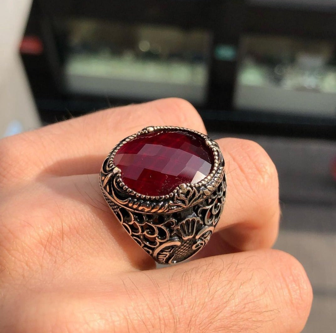 RARE PRINCE by CARAT SUTRA | Unique Turkish Style Ring with Faceted S Ruby | 925 Sterling Silver Oxidized Ring | Men's Jewelry | With Certificate of Authenticity and 925 Hallmark - caratsutra