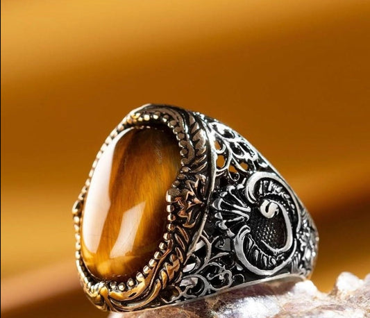 RARE PRINCE by CARAT SUTRA | Unique Turkish Style Ring with Natural Tiger Eye | 925 Sterling Silver Oxidized Ring | Men's Jewelry | With Certificate of Authenticity and 925 Hallmark - caratsutra