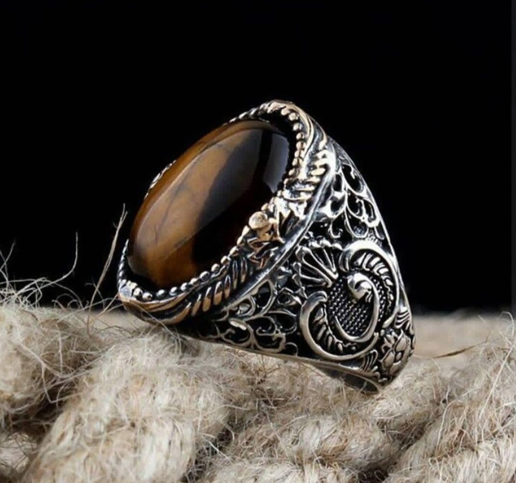 RARE PRINCE by CARAT SUTRA | Unique Turkish Style Ring with Natural Tiger Eye | 925 Sterling Silver Oxidized Ring | Men's Jewelry | With Certificate of Authenticity and 925 Hallmark - caratsutra