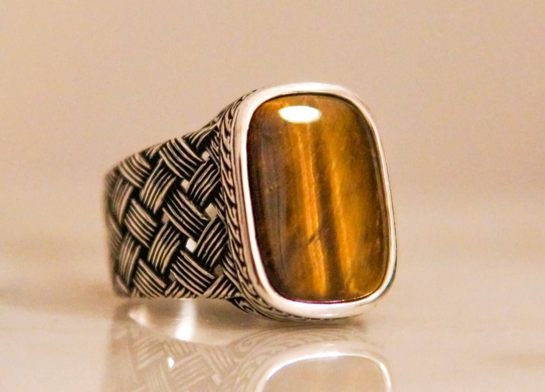 RARE PRINCE by CARAT SUTRA | Unique Turkish Style Ring with Natural Tiger Eye | 925 Sterling Silver Oxidized Ring | Men's Jewelry | With Certificate of Authenticity and 925 Hallmark - caratsutra