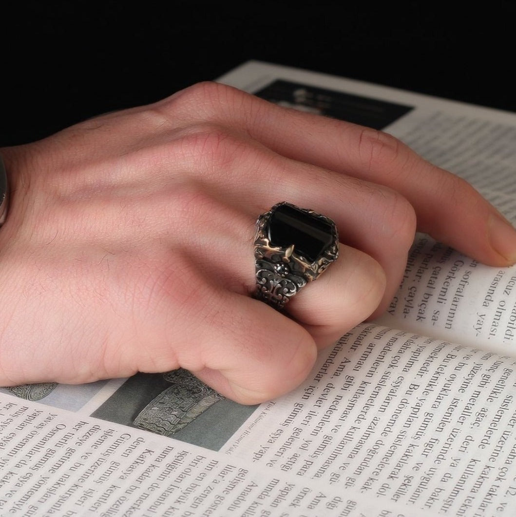 RARE PRINCE by CARAT SUTRA | Unique Turkish Style Ring with Faceted Black Zircon | 925 Sterling Silver Oxidized Ring | Men's Jewelry | With Certificate of Authenticity and 925 Hallmark - caratsutra