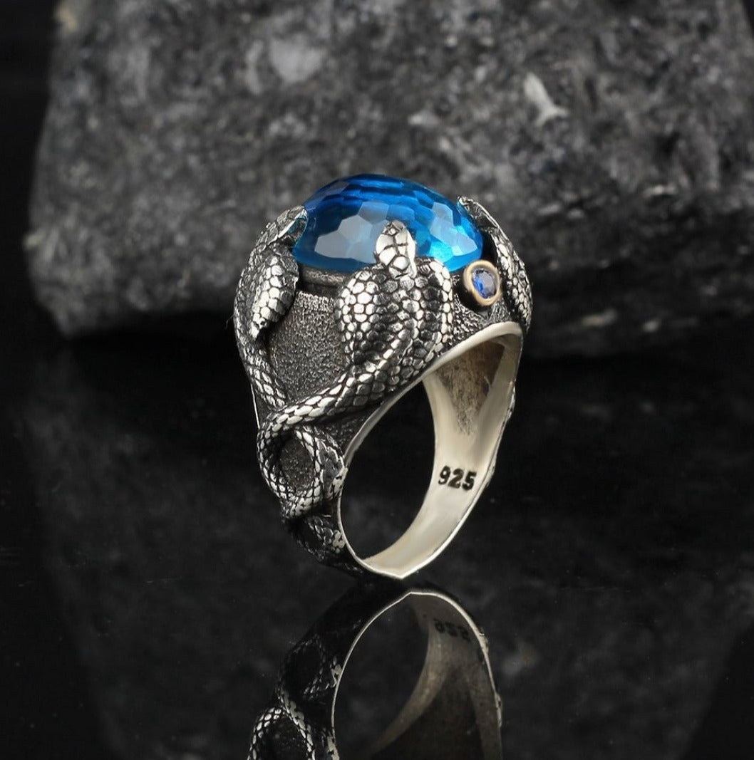 RARE PRINCE by CARAT SUTRA | Unique Designed Snake Ring with S Blue Topaz| 925 Sterling Silver Oxidized Ring | Men's Jewelry | With Certificate of Authenticity and 925 Hallmark - caratsutra