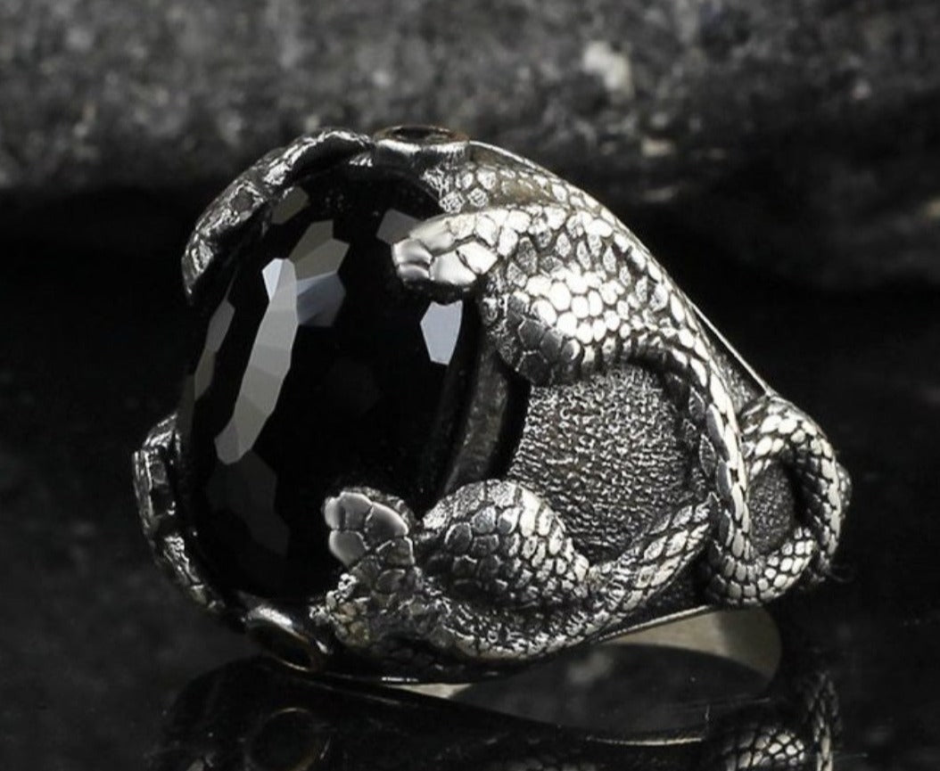 RARE PRINCE by CARAT SUTRA | Unique Designed Snake Ring with Black Zircon | 925 Sterling Silver Oxidized Ring | Men's Jewelry | With Certificate of Authenticity and 925 Hallmark - caratsutra