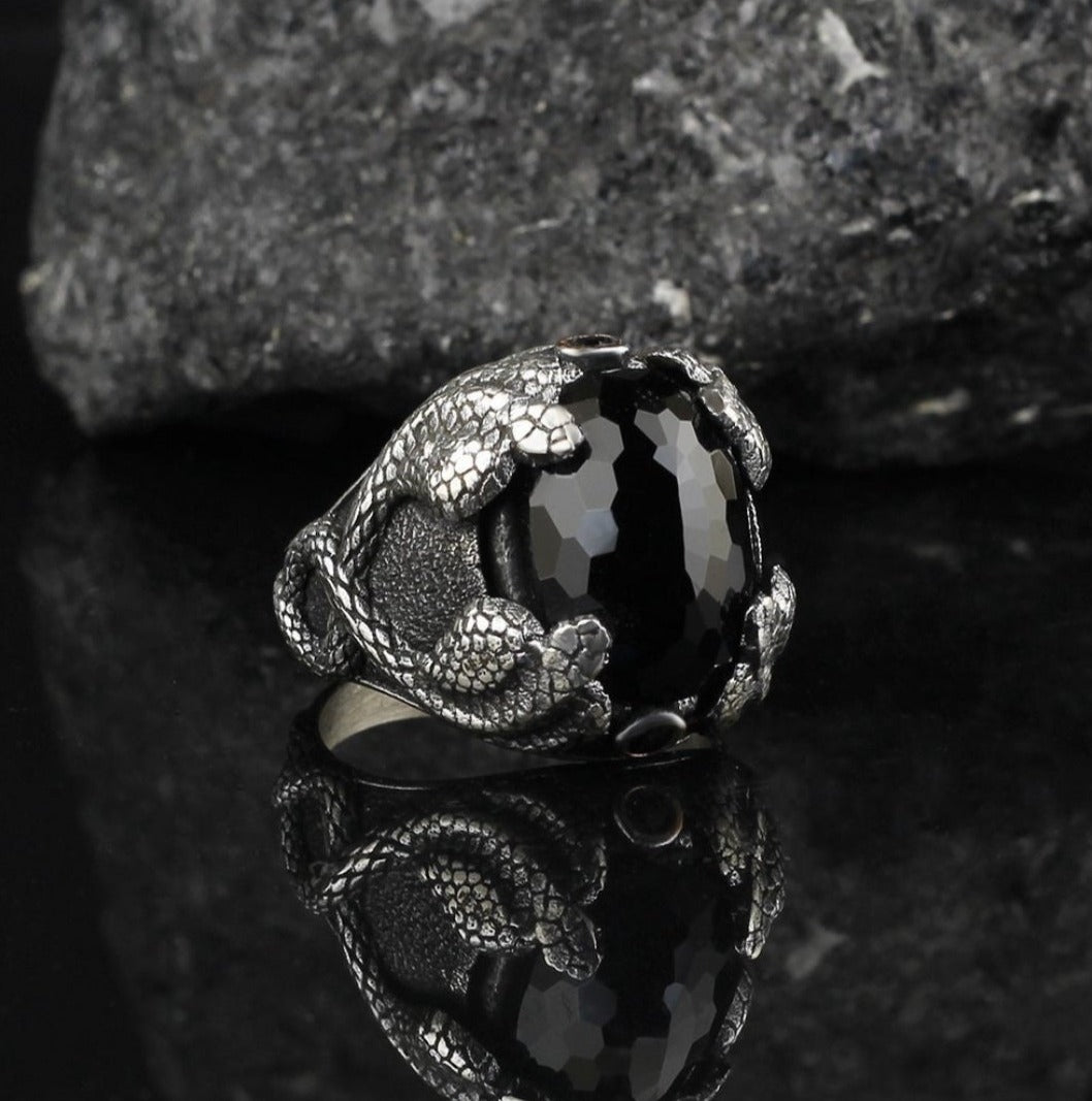 RARE PRINCE by CARAT SUTRA | Unique Designed Snake Ring with Black Zircon | 925 Sterling Silver Oxidized Ring | Men's Jewelry | With Certificate of Authenticity and 925 Hallmark - caratsutra