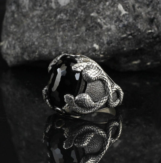 RARE PRINCE by CARAT SUTRA | Unique Designed Snake Ring with Black Zircon | 925 Sterling Silver Oxidized Ring | Men's Jewelry | With Certificate of Authenticity and 925 Hallmark - caratsutra