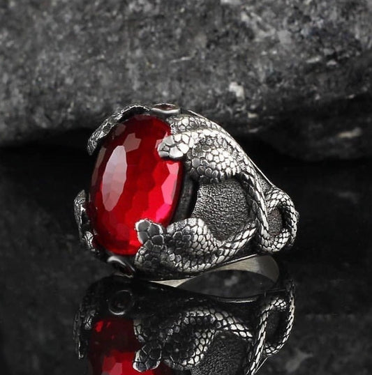 RARE PRINCE by CARAT SUTRA | Unique Designed Snake Ring with Red Zircon | 925 Sterling Silver Oxidized Ring | Men's Jewelry | With Certificate of Authenticity and 925 Hallmark - caratsutra