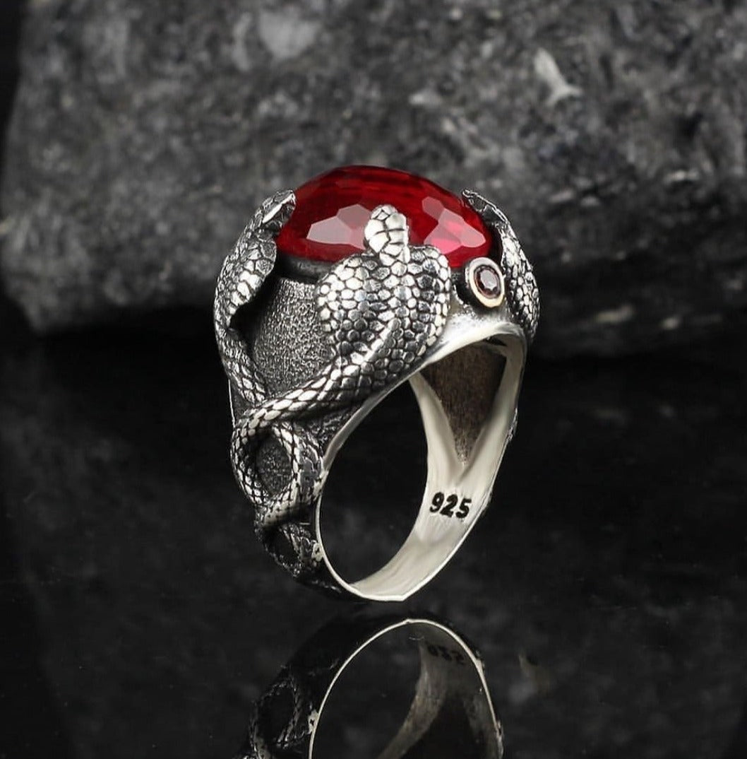 RARE PRINCE by CARAT SUTRA | Unique Designed Snake Ring with Red Zircon | 925 Sterling Silver Oxidized Ring | Men's Jewelry | With Certificate of Authenticity and 925 Hallmark - caratsutra