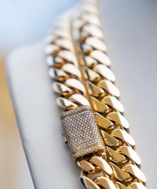 RARE PRINCE by CARAT SUTRA | Solid 16mm Miami Cuban Link Chain with Iced Lock | 22kt Gold Micron Plated on 925 Sterling Silver Chain with AAA+ Quality Swarovski Diamonds | Men's Jewelry | With Certificate of Authenticity and 925 Hallmark - caratsutra