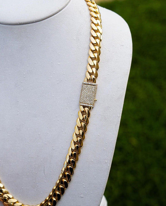 RARE PRINCE by CARAT SUTRA | Solid 12mm Miami Cuban Link Chain with Iced Lock | 22kt Gold Micron Plated on 925 Sterling Silver Chain with AAA+ Quality Swarovski Diamonds | Men's Jewelry | With Certificate of Authenticity and 925 Hallmark - caratsutra