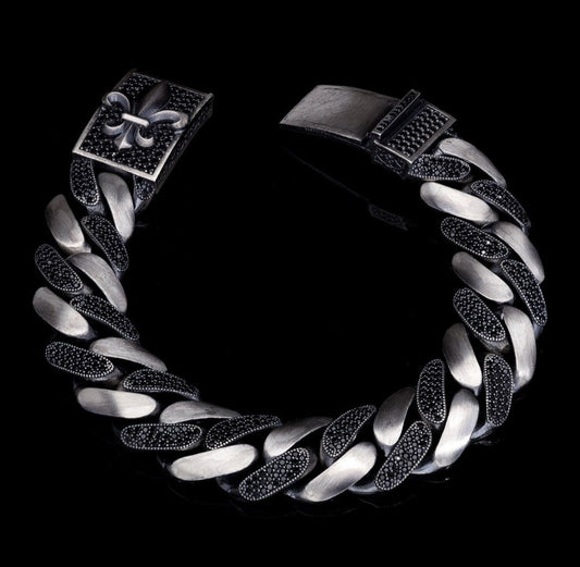 RARE PRINCE by CARAT SUTRA | 16mm Unique Fleur-De-Lis Black Iced Cuban Link Bracelet for Men | Dark Oxidized 925 Silver Bracelet | Men's Jewelry | With Certificate of Authenticity and 925 Hallmark - caratsutra