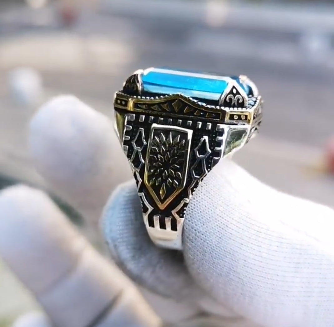 RARE PRINCE by CARAT SUTRA | Unique Designed Turkish Style Ring with Natural Blue Topaz | 925 Sterling Silver Oxidized Ring | Men's Jewelry | With Certificate of Authenticity and 925 Hallmark