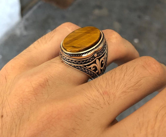 RARE PRINCE by CARAT SUTRA | Unique Designed Turkish Style Ring with Natural Tiger Eye | 925 Sterling Silver Oxidized Ring | Men's Jewelry | With Certificate of Authenticity and 925 Hallmark - caratsutra