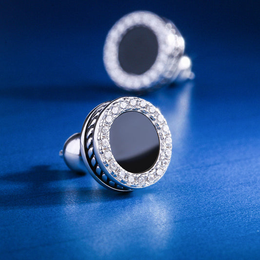 RARE PRINCE by CARAT SUTRA | Round Black Enamel & Diamond Stud Earrings for Men | Rhodium Plated 925 Sterling Silver | Jewellery for Men| With Certificate of Authenticity and 925 Hallmark