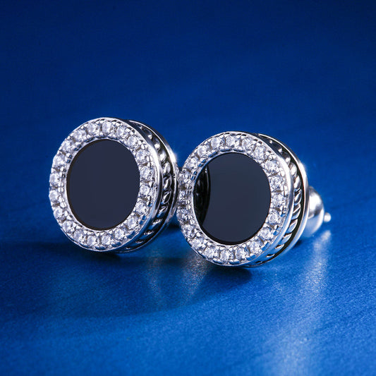 RARE PRINCE by CARAT SUTRA | Round Black Enamel & Diamond Stud Earrings for Men | Rhodium Plated 925 Sterling Silver | Jewellery for Men| With Certificate of Authenticity and 925 Hallmark