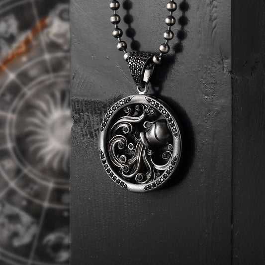 RARE PRINCE by CARAT SUTRA | Unique Aquarius Zodiac Designed Pendant Studded with Black Zircons | Unisex 925 Sterling Silver Oxidized Pendant | Men's Jewelry | With Certificate of Authenticity and 925 Hallmark - caratsutra