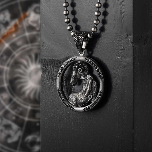 RARE PRINCE by CARAT SUTRA | Unique Aries Zodiac Designed Pendant Studded with Black Zircons | Unisex 925 Sterling Silver Oxidized Pendant | Men's Jewelry | With Certificate of Authenticity and 925 Hallmark - caratsutra