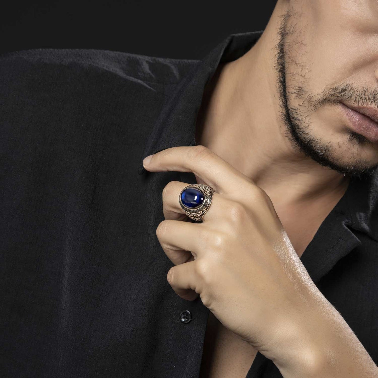 RARE PRINCE by CARAT SUTRA | Unique Turkish Style Ring with Blue S Sapphire | 925 Sterling Silver Oxidized Ring | Men's Jewelry | With Certificate of Authenticity and 925 Hallmark - caratsutra