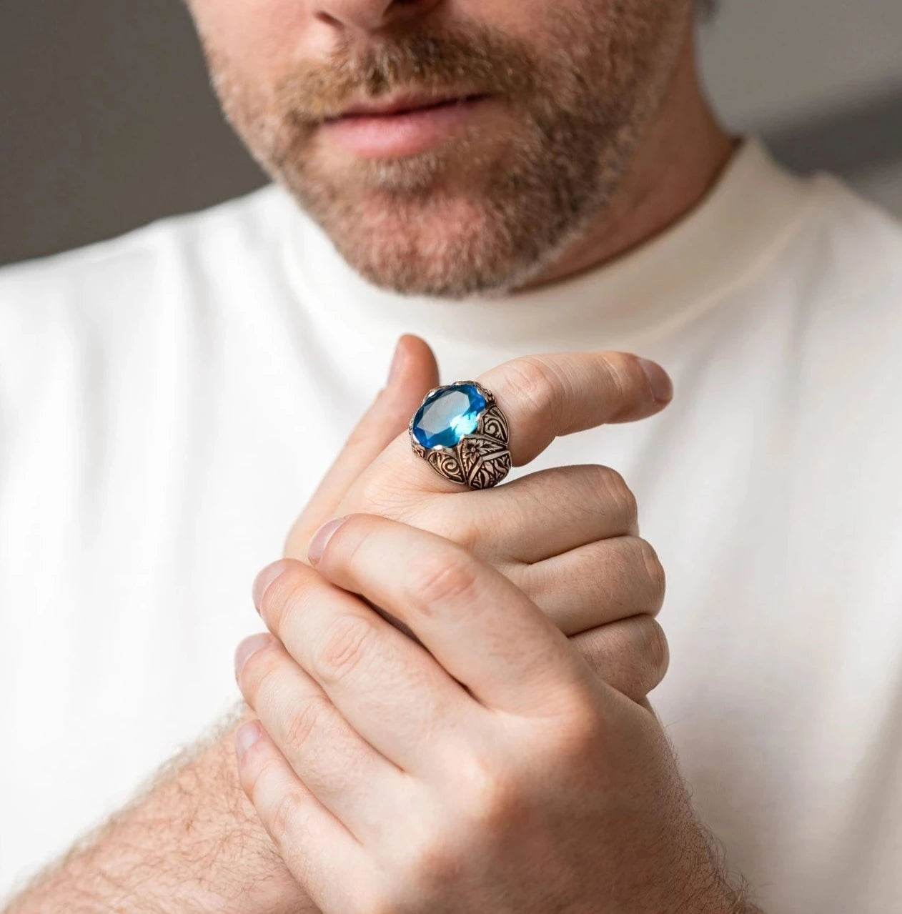 RARE PRINCE by CARAT SUTRA | Exclusively Designed Ring with Blue Topaz | 925 Sterling Silver Oxidized Ring | Men's Jewelry | With Certificate of Authenticity and 925 Hallmark - caratsutra