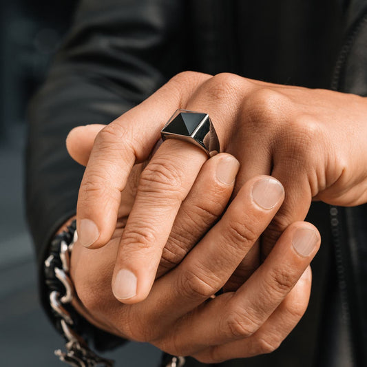 RARE PRINCE by CARAT SUTRA | Exclusive Classic Style Signet Ring with Natural Pyramidal Black Onyx | Sterling Silver 925 Ring | Jewellery for Men| With Certificate of Authenticity and 925 Hallmark - caratsutra