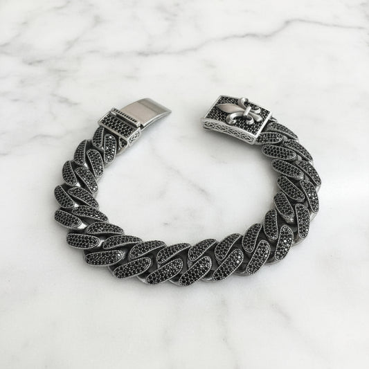 RARE PRINCE by CARAT SUTRA | 14mm Unique Fleur-De-Lis Black Iced Cuban Link Bracelet for Men | Black Rhodium Plated 925 Silver Bracelet | Men's Jewelry | With Certificate of Authenticity and 925 Hallmark - caratsutra
