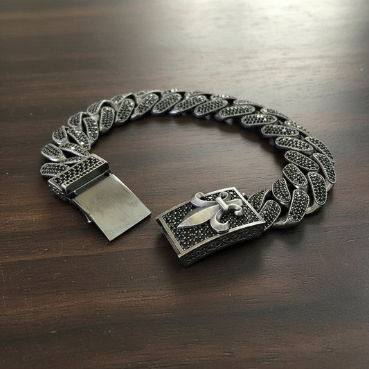 RARE PRINCE by CARAT SUTRA | 14mm Unique Fleur-De-Lis Black Iced Cuban Link Bracelet for Men | Black Rhodium Plated 925 Silver Bracelet | Men's Jewelry | With Certificate of Authenticity and 925 Hallmark - caratsutra