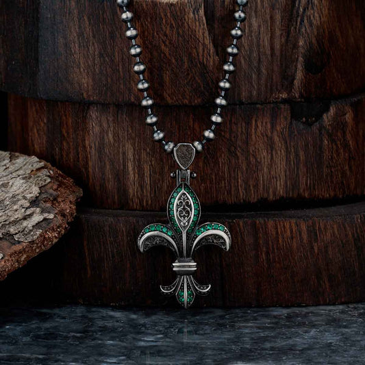 RARE PRINCE by CARAT SUTRA | Unique Designed Fleur-De-Lis Symbol Pendant Studded with Green & Black Zircons for Men | 925 Sterling Silver Oxidized Pendant | Men's Jewelry | With Certificate of Authenticity and 925 Hallmark - caratsutra
