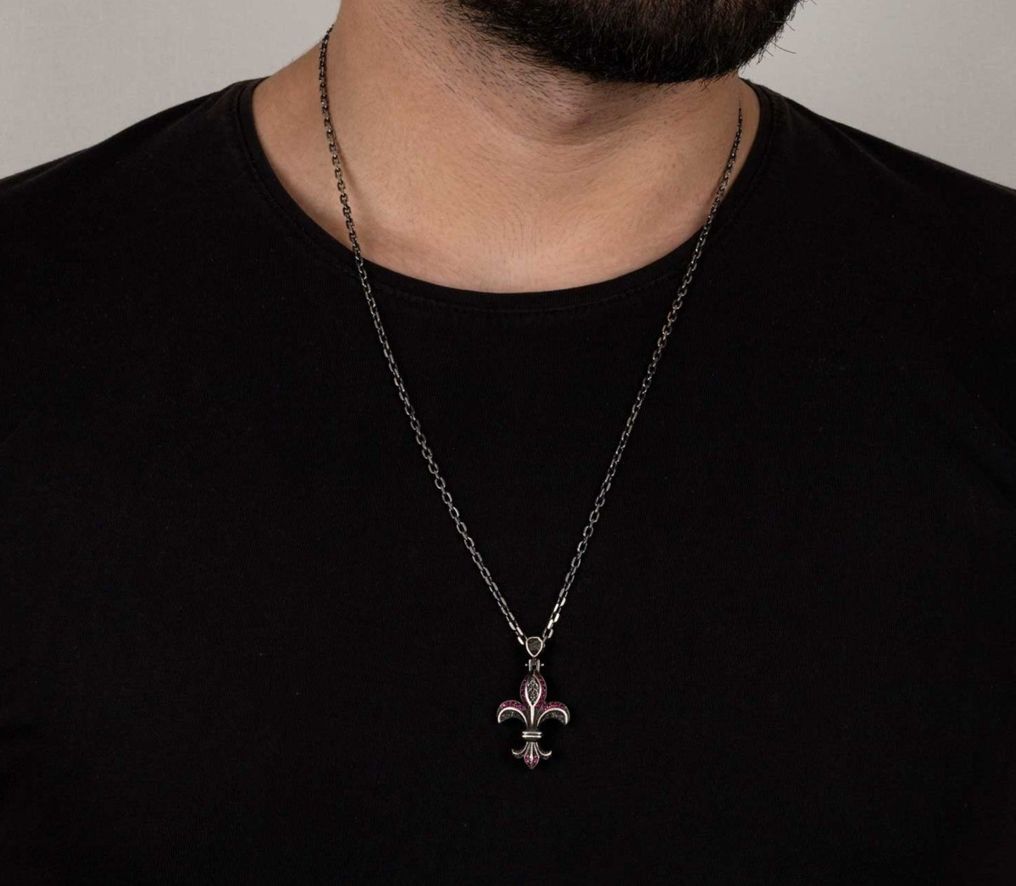 RARE PRINCE by CARAT SUTRA | Unique Designed Fleur-De-Lis Symbol Pendant Studded with Pink & Black Zircons for Men | 925 Sterling Silver Oxidized Pendant | Men's Jewelry | With Certificate of Authenticity and 925 Hallmark - caratsutra