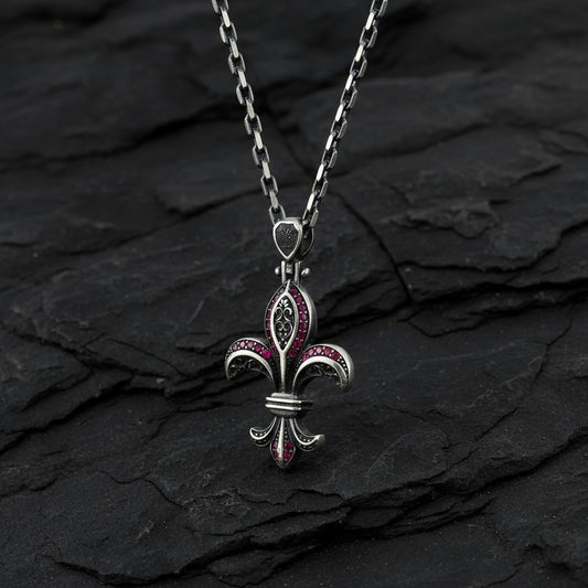 RARE PRINCE by CARAT SUTRA | Unique Designed Fleur-De-Lis Symbol Pendant Studded with Pink & Black Zircons for Men | 925 Sterling Silver Oxidized Pendant | Men's Jewelry | With Certificate of Authenticity and 925 Hallmark - caratsutra