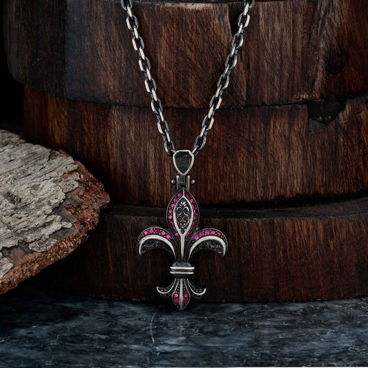 RARE PRINCE by CARAT SUTRA | Unique Designed Fleur-De-Lis Symbol Pendant Studded with Pink & Black Zircons for Men | 925 Sterling Silver Oxidized Pendant | Men's Jewelry | With Certificate of Authenticity and 925 Hallmark - caratsutra