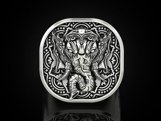 RARE PRINCE by CARAT SUTRA | Unique Designed Ganesha Ring with Om Symbol | 925 Sterling Silver Oxidized Ring | Men's Jewelry | With Certificate of Authenticity and 925 Hallmark - caratsutra