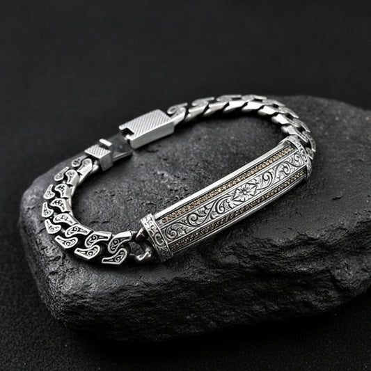 RARE PRINCE by CARAT SUTRA | Unique Design Engraved Bracelet for Men | 925 Oxidized Silver Bracelet | Men's Jewelry | With Certificate of Authenticity and 925 Hallmark - caratsutra