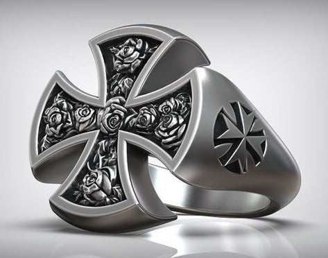 RARE PRINCE by CARAT SUTRA | Unique Designed Cross Ring with Roses | 925 Sterling Silver Oxidized Ring | Men's Jewelry | With Certificate of Authenticity and 925 Hallmark