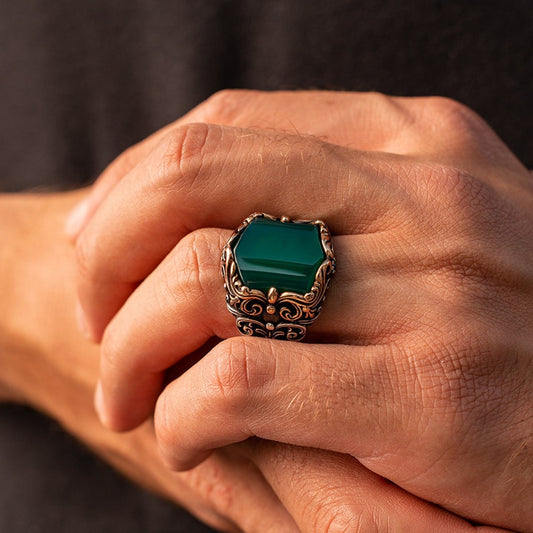 RARE PRINCE by CARAT SUTRA | Unique Turkish Style Ring with Natural Green Onyx | 925 Sterling Silver Oxidized Ring | Men's Jewelry | With Certificate of Authenticity and 925 Hallmark - caratsutra