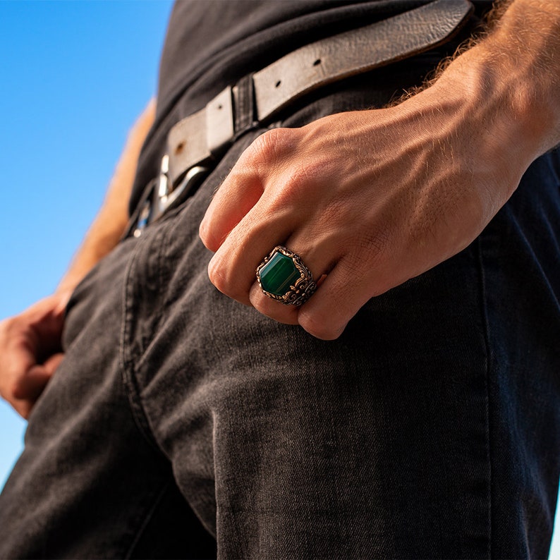 RARE PRINCE by CARAT SUTRA | Unique Turkish Style Ring with Natural Green Onyx | 925 Sterling Silver Oxidized Ring | Men's Jewelry | With Certificate of Authenticity and 925 Hallmark - caratsutra