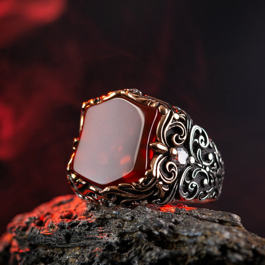 RARE PRINCE by CARAT SUTRA | Unique Turkish Style Ring with Natural Red Agate | 925 Sterling Silver Oxidized Ring | Men's Jewelry | With Certificate of Authenticity and 925 Hallmark - caratsutra