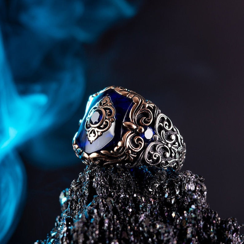 RARE PRINCE by CARAT SUTRA | Unique Turkish Style Ring with Blue Zircon | 925 Sterling Silver Oxidized Ring | Men's Jewelry | With Certificate of Authenticity and 925 Hallmark - caratsutra