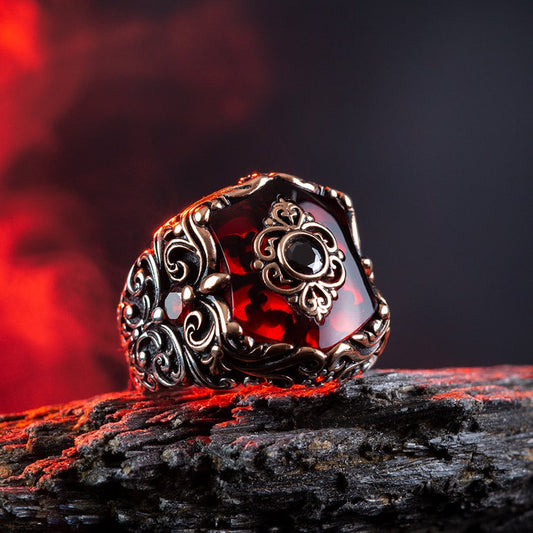 RARE PRINCE by CARAT SUTRA | Unique Turkish Style Ring with Red Zircon | 925 Sterling Silver Oxidized Ring | Men's Jewelry | With Certificate of Authenticity and 925 Hallmark - caratsutra