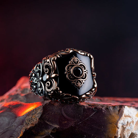 RARE PRINCE by CARAT SUTRA | Unique Turkish Style Ring with Natural Black Onyx | 925 Sterling Silver Oxidized Ring | Men's Jewelry | With Certificate of Authenticity and 925 Hallmark - caratsutra