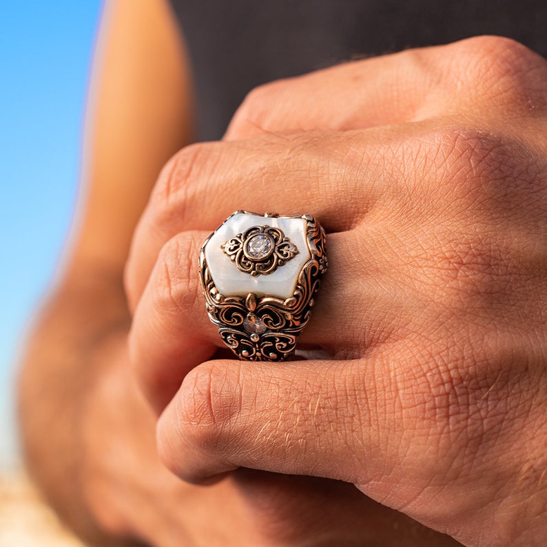 RARE PRINCE by CARAT SUTRA | Unique Turkish Style Ring with Natural Pearl | 925 Sterling Silver Oxidized Ring | Men's Jewelry | With Certificate of Authenticity and 925 Hallmark - caratsutra