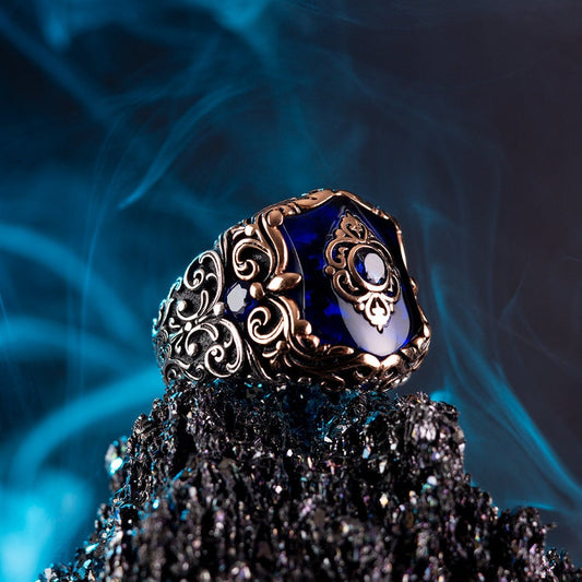 RARE PRINCE by CARAT SUTRA | Unique Turkish Style Ring with Blue Zircon | 925 Sterling Silver Oxidized Ring | Men's Jewelry | With Certificate of Authenticity and 925 Hallmark - caratsutra