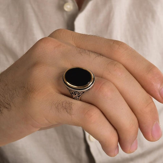RARE PRINCE by CARAT SUTRA | Unique Turkish Style Ring with Natural Black Onyx  | 925 Sterling Silver Oxidized Ring | Men's Jewelry | With Certificate of Authenticity and 925 Hallmark - caratsutra