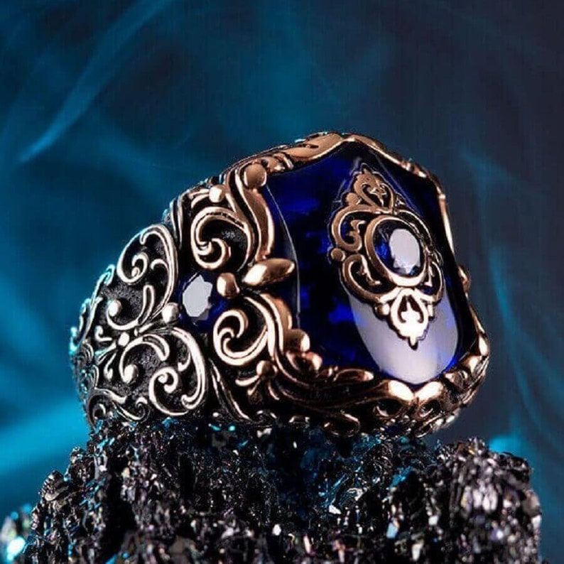 RARE PRINCE by CARAT SUTRA | Unique Turkish Style Ring with Blue Zircon | 925 Sterling Silver Oxidized Ring | Men's Jewelry | With Certificate of Authenticity and 925 Hallmark - caratsutra