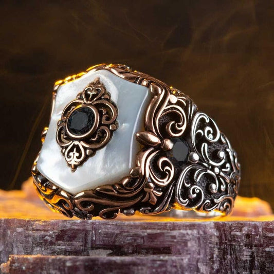 RARE PRINCE by CARAT SUTRA | Unique Turkish Style Ring with Natural Pearl | 925 Sterling Silver Oxidized Ring | Men's Jewelry | With Certificate of Authenticity and 925 Hallmark - caratsutra