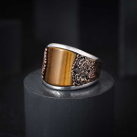 RARE PRINCE by CARAT SUTRA | Unique Designed Turkish Style Curved Ring with Natural Tiger Eye | 925 Sterling Silver Gold Plated Ring | Men's Jewelry | With Certificate of Authenticity and 925 Hallmark - caratsutra