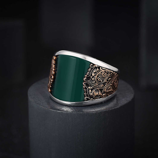 RARE PRINCE by CARAT SUTRA | Unique Designed Turkish Style Curved Ring with Green Onyx  | 925 Sterling Silver Gold Plated Ring | Men's Jewelry | With Certificate of Authenticity and 925 Hallmark - caratsutra